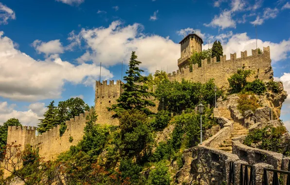 The sky, clouds, trees, tower, fortress, San Marino, enclave