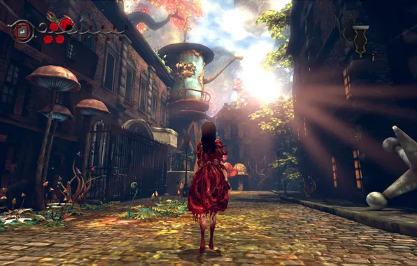Blood, mushrooms, home, plants, quirkiness, Alice: Madness Returns
