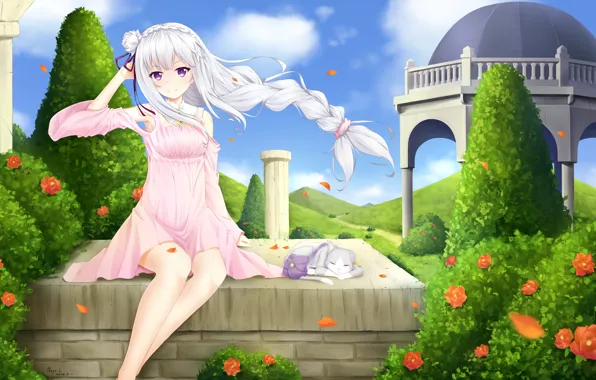 Cat, girl, spirit, sleeping, anime, art, Emilia, Puck
