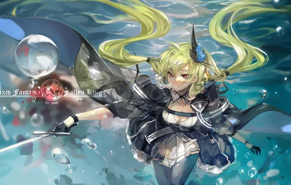 Girl, bubbles, weapons, sword, anime, art, under water, pixiv fantasia