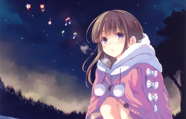 Cold, winter, the sky, girl, stars, clouds, trees, night