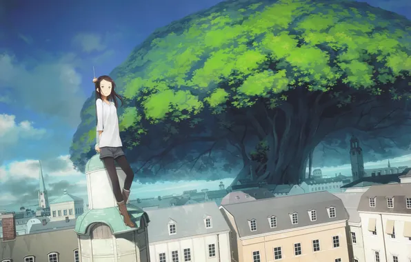 The city, tree, tower, art, girl, spire, giant, yoshida seiji