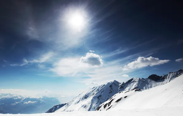 Cold, winter, the sun, mountains, clouds, the wind, bright, Winter Landscape