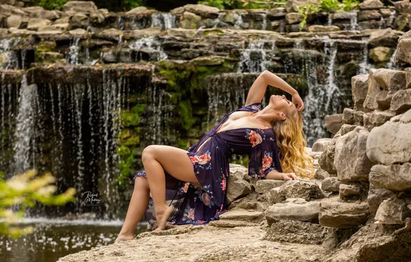 BLONDE, NATURE, SUNDRESS, WATERFALLS