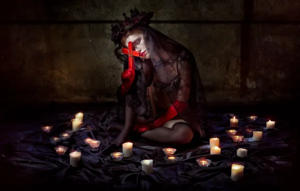 Girl, cross, candles