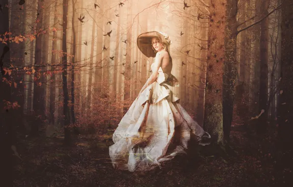 Picture autumn, forest, girl, light, trees, branches, hat, dress