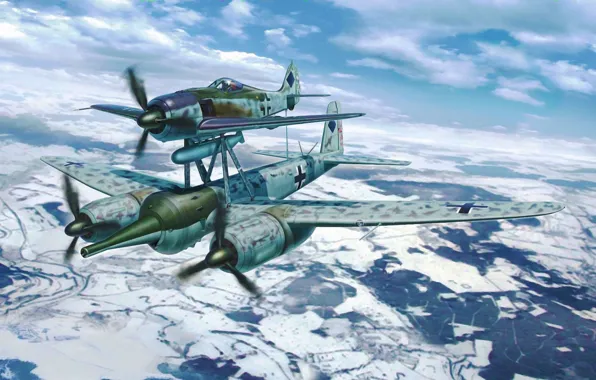 Picture war, art, painting, aviation, ww2, FW190A-8/JU88G-1 Mistel