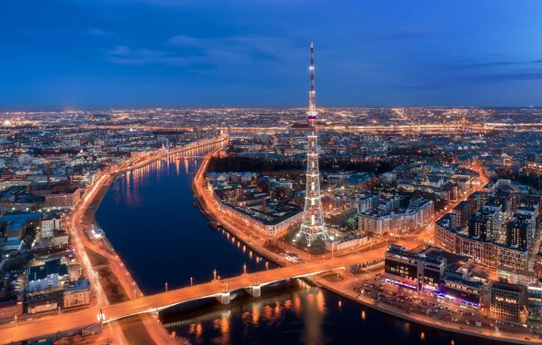 Picture bridge, river, building, tower, home, Saint Petersburg, panorama, Russia