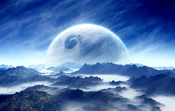 Picture white, sky, landscape, blue, cloud, mountain, planet, Sci Fi