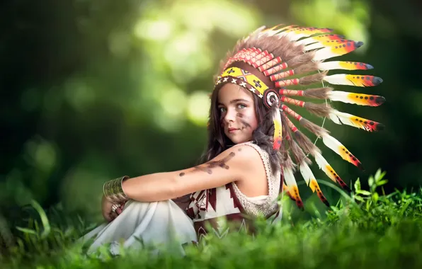 Picture feathers, girl, headdress, Littlest Indian