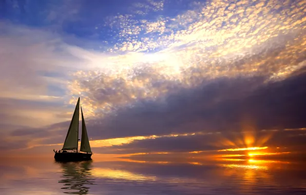 Sea, the sky, clouds, sunset, the ocean, sailboat, Boat