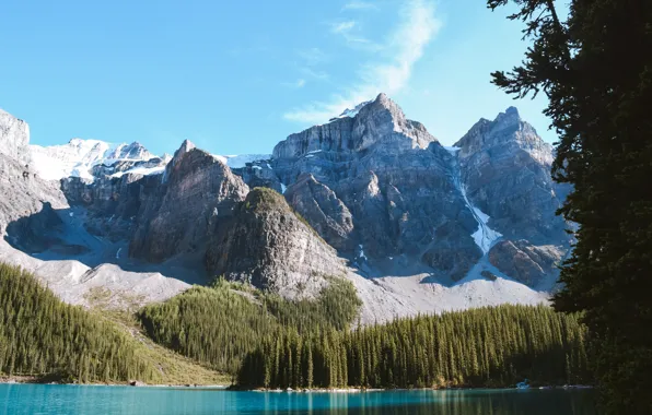 Picture the sky, clouds, trees, mountains, nature, lake, rocks, Canada