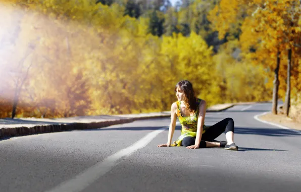Girl, road, autumn, sunlight, Santiago, Chile, South America