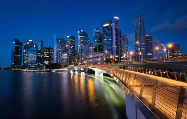 Bridge, building, Bay, Singapore, night city, skyscrapers, Singapore, Marina Bay