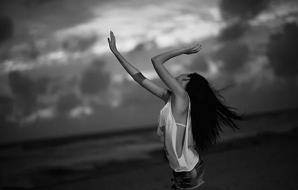 Sea, the sky, girl, the wind, romance, hair, shorts, hands