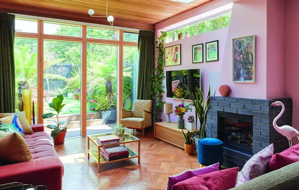 Design, style, room, interior, plants, pictures, fireplace, upholstered furniture