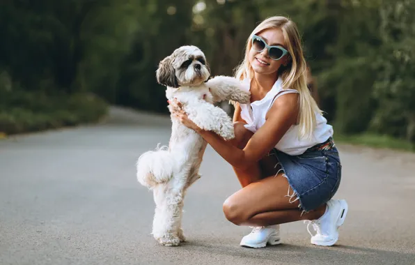 Girl, smile, dog, glasses, bokeh