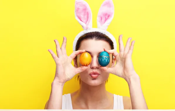 Girl, face, blue, eggs, hands, Easter, lips, fingers