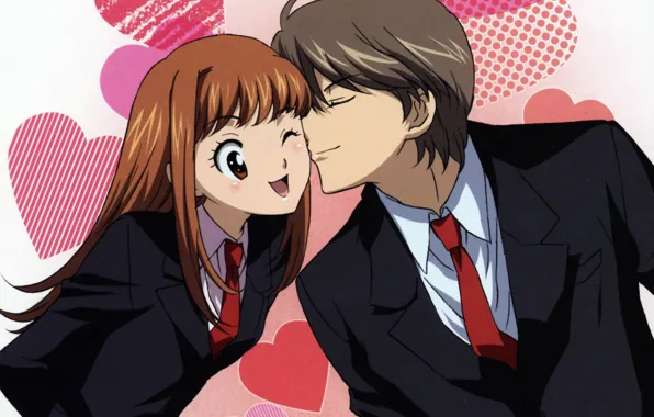 Costume, tie, hearts, two, art, wink, Naughty kiss, Will and Kiss