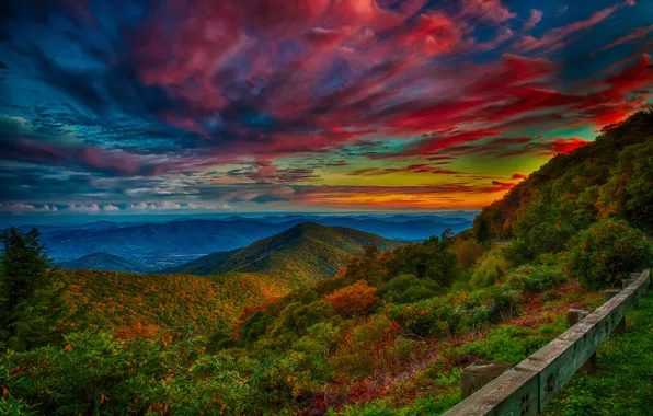 The sky, trees, sunset, mountains, clouds, glow