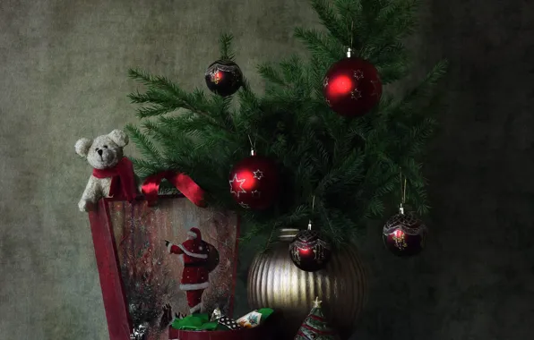Balls, branches, the dark background, table, box, gift, toys, bouquet
