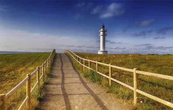 Road, lighthouse, horizon, Spain, Spain, Cantabria, Playa de Lao