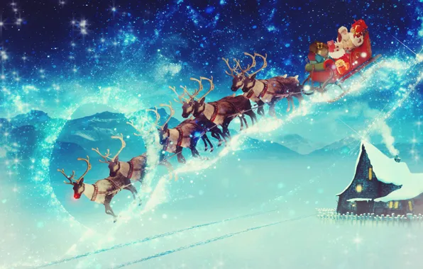 Winter, Night, Snow, House, Christmas, New year, Santa Claus, Stars