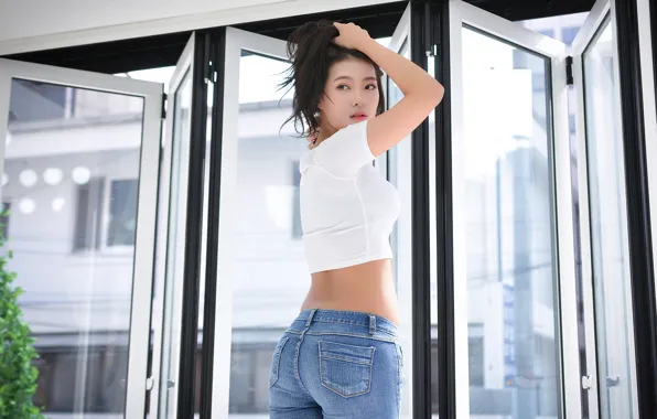 Girl, Brunette, Asian, Model, Women, Jeans, T-shirt, Hips