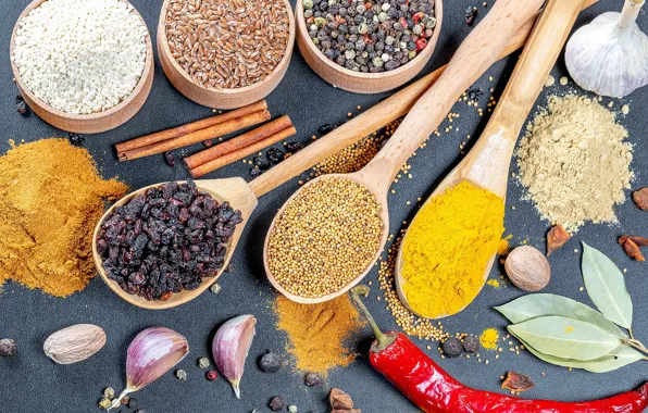 Spices, spoon, cereals