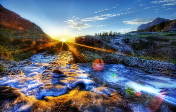 Picture the sky, water, the sun, sunset, mountains, stream, thresholds