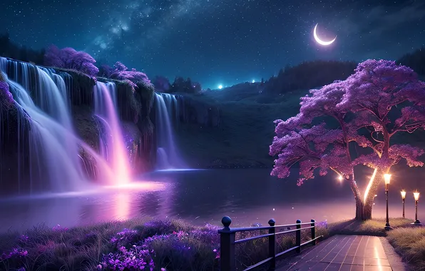 Night, tree, the moon, waterfall, a month, pond