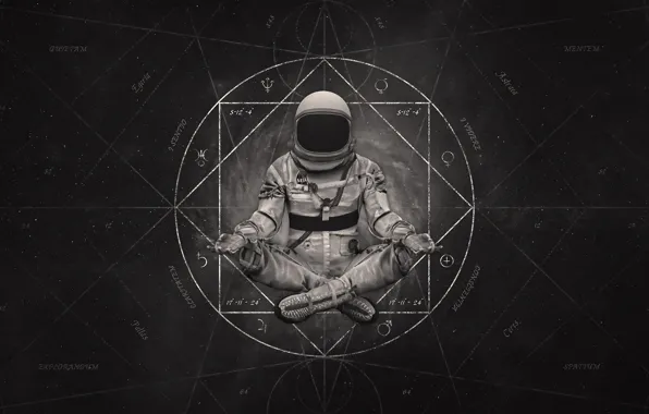 Monochrome, digital art, artwork, sitting, pearls, geometry, meditation, astronaut