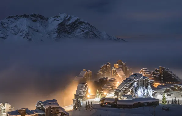 Winter, snow, mountains, night, lights, France, the hotel, resort