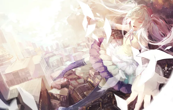 Picture the sky, girl, flight, the city, home, anime, art, vocaloid