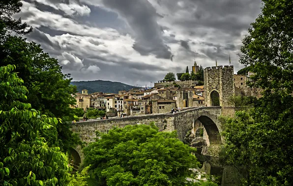 Picture greens, the sky, trees, clouds, bridge, Spain, Spain, Catalonia
