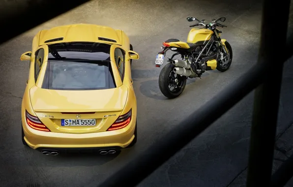 Machine, yellow, Mercedes-Benz, motorcycle, supercar, bike, Ducati, Mercedes