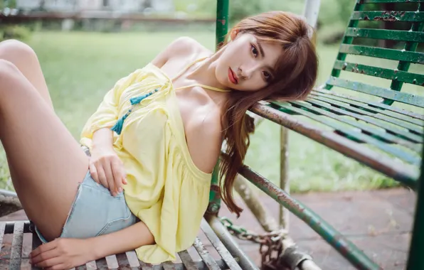 Picture girl, Asian, bench