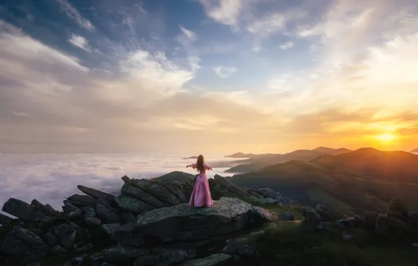 The sky, girl, landscape, nature, romance, dal, dress, long hair
