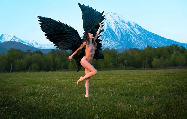 Forest, grass, girl, mountains, wings, brown hair, lawn, cosplay