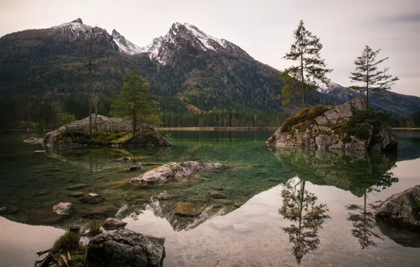 Picture trees, mountains, lake, Germany, Islands, Ramsau, Hintersee, Upper Bavaria