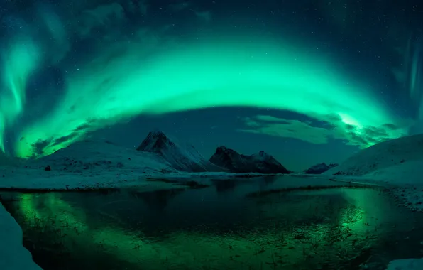 Winter, the sky, snow, mountains, night, lake, hills, shore
