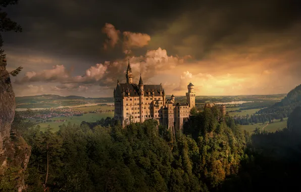 Clouds, light, mountains, castle, height, Neuschwanstein