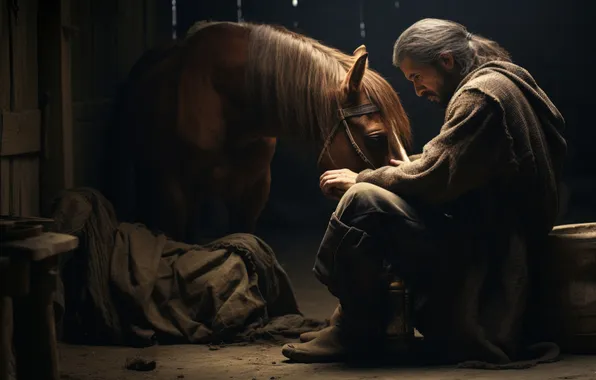 Light, pose, loneliness, horse, horse, the old man, male, sitting