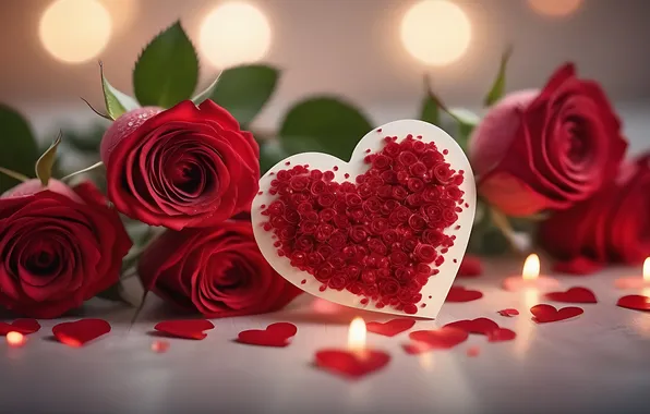 Love, lights, heart, Board, roses, bouquet, candles, heart