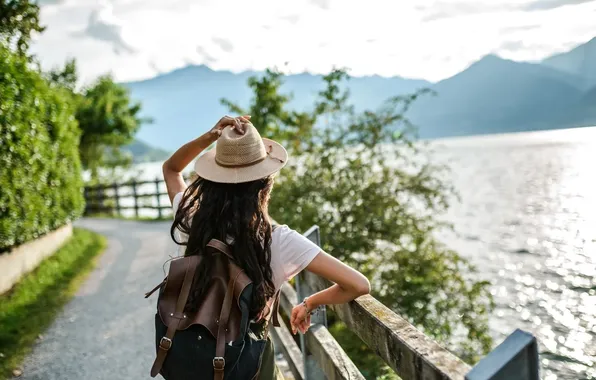 Summer, girl, mountains, nature, lake, t-shirt, Europe, hat
