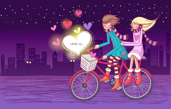 Stars, night, bike, heart, lovers, love is