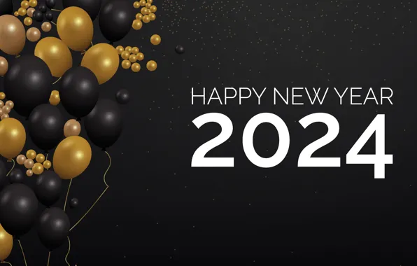 Balls, balloons, the inscription, yellow, figures, New year, white, black background