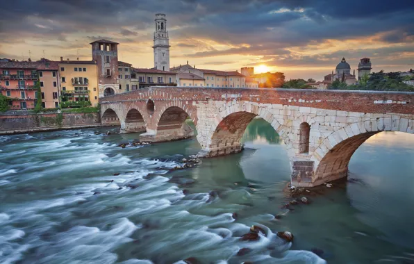 Picture bridge, river, tower, home, Italy, Verona