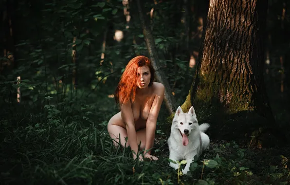 Forest, girl, pose, dog, red, redhead, Inga Lis, Anton Nabatchikov