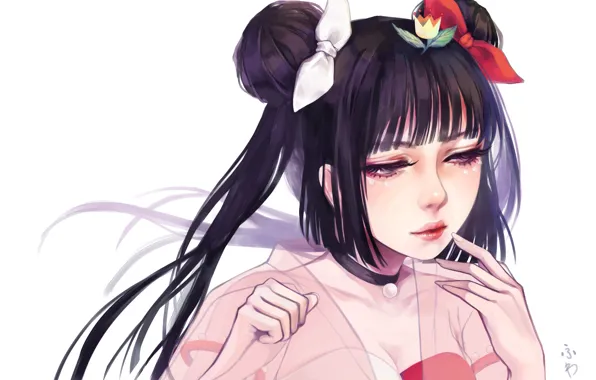 Face, eyelashes, hands, hairstyle, white background, bangs, flower in hair, Korean